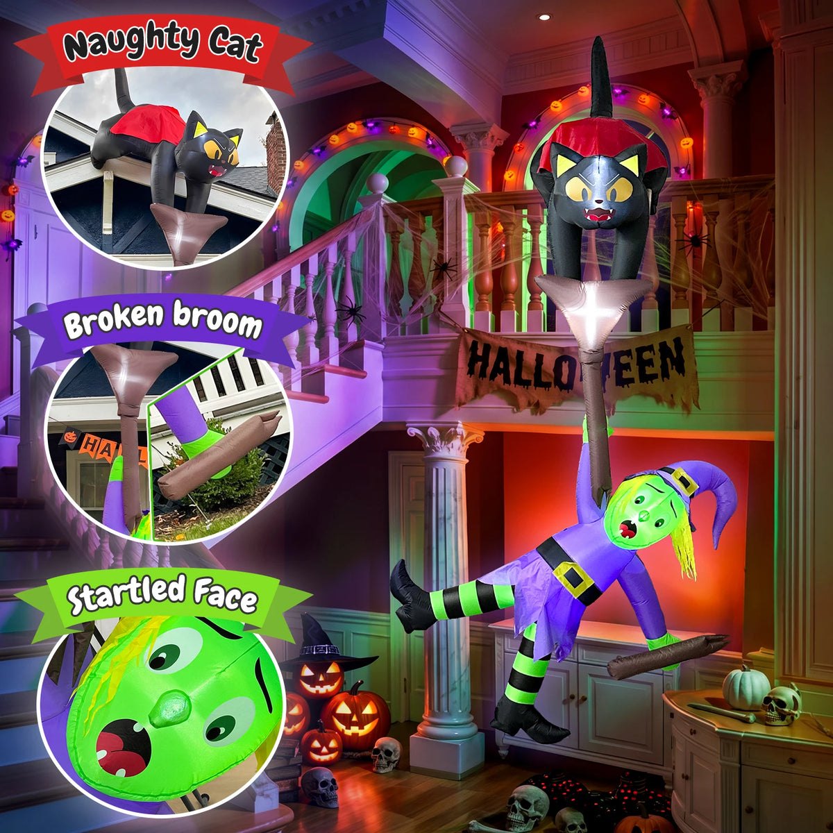 Ourwarm 12FT Halloween Inflatable Cat-Pulled Witch Broom Decorations Suitable for Rooftops Dining Rooms Outdoor
