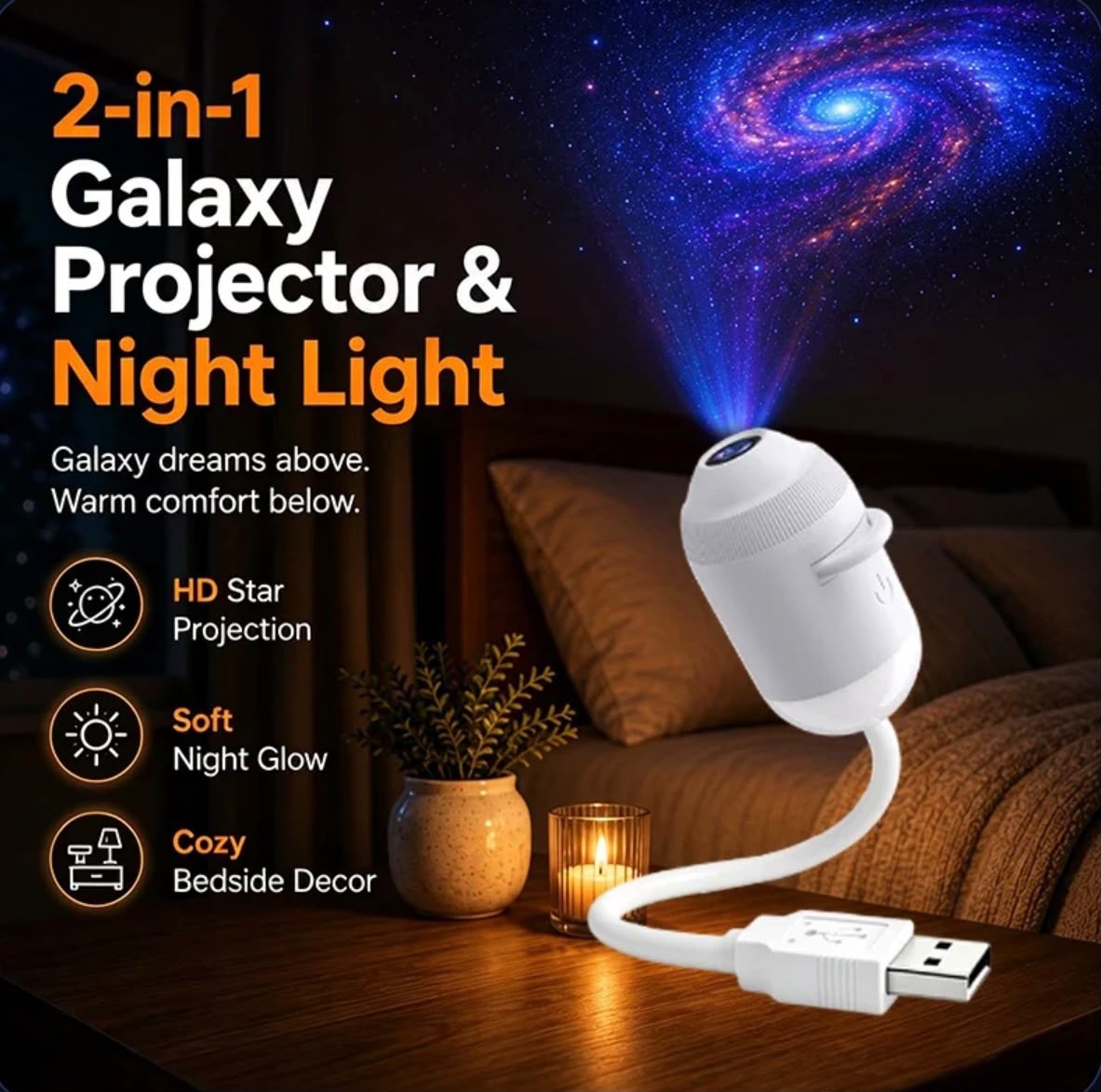 2-in-1 galaxy projector and night light on a bedside table