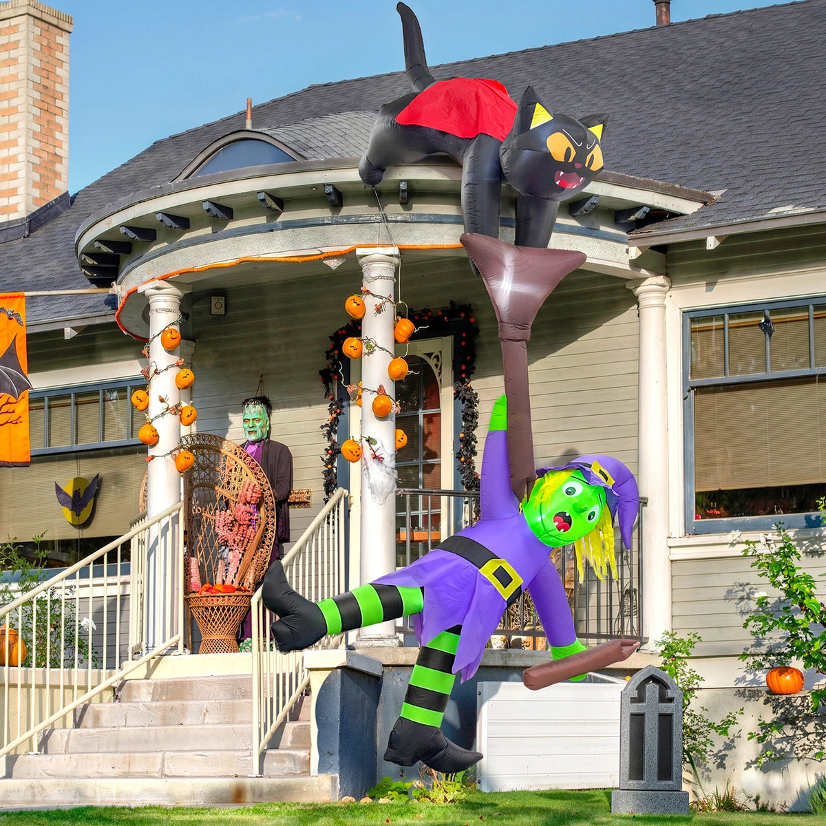Ourwarm 12FT Halloween Inflatable Cat-Pulled Witch Broom Decorations Suitable for Rooftops Dining Rooms Outdoor