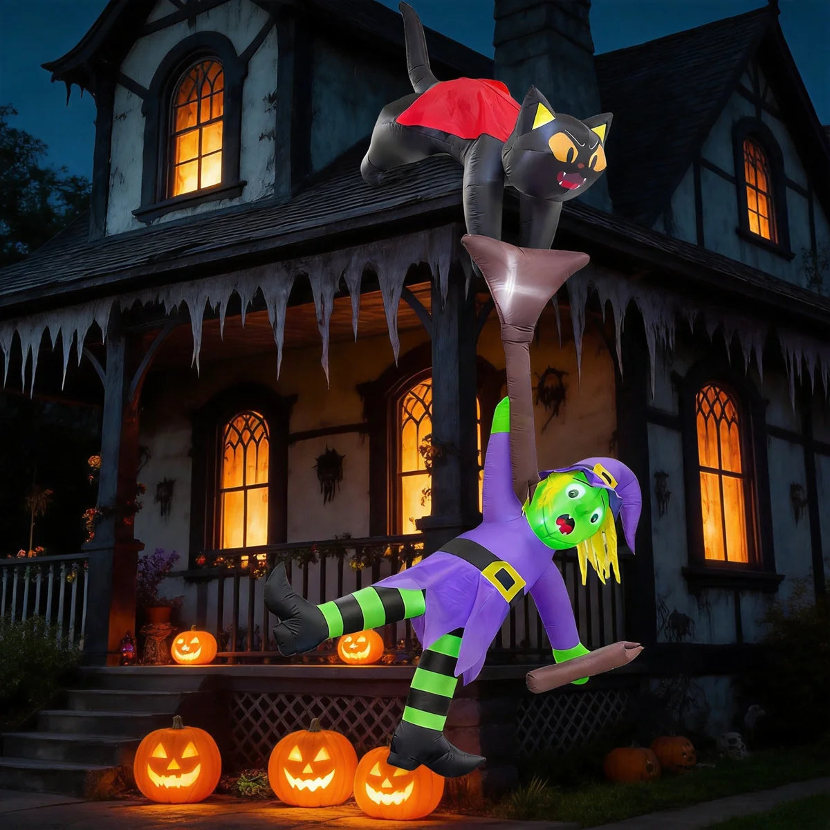 Ourwarm 12FT Halloween Inflatable Cat-Pulled Witch Broom Decorations Suitable for Rooftops Dining Rooms Outdoor