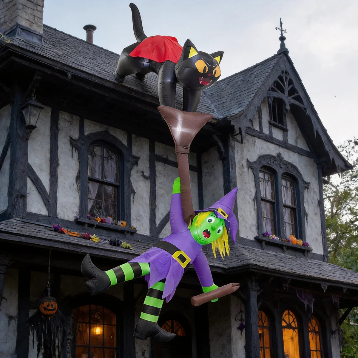 Ourwarm 12FT Halloween Inflatable Cat-Pulled Witch Broom Decorations Suitable for Rooftops Dining Rooms Outdoor