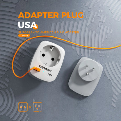 Travel Adapter EU to USA Adapter America Europe Plug with USB C 3A Socket Adapter Travel Power Adapter for Canada Mexico