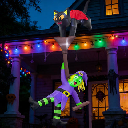 Ourwarm 12FT Halloween Inflatable Cat-Pulled Witch Broom Decorations Suitable for Rooftops Dining Rooms Outdoor