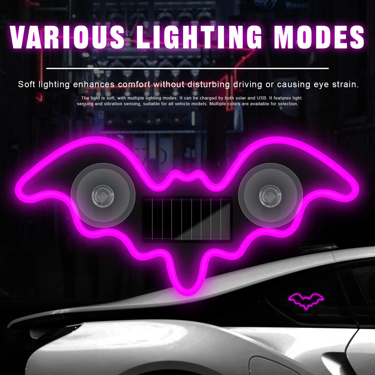 1/2Pcs Cool Bat Solar Powered Car Neon Light Wireless Led Ambient Light Suction Cup USB Rechargeable Atmosphere Breathing Lamp