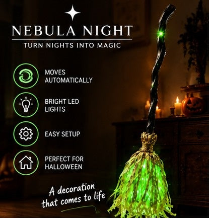 Glowing Witch Broomstick with feature icons - a decoration that comes to life