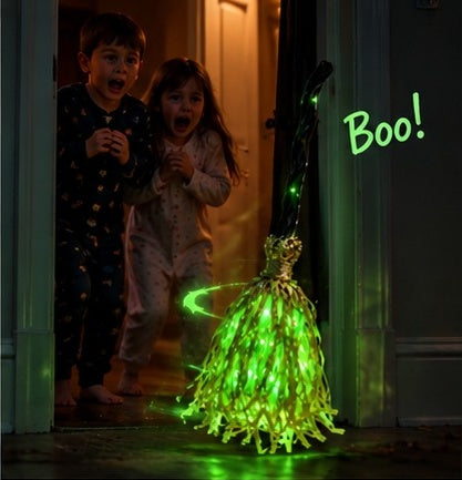 Two kids surprised by the glowing witch broomstick in a doorway - Boo!