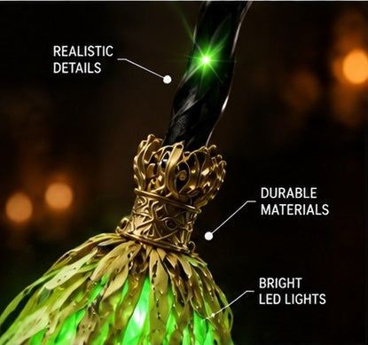 Close-up of the witch broomstick: realistic details, durable materials, bright LED lights