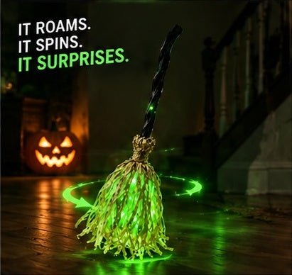 Witch broomstick roaming a hallway next to a jack-o-lantern - it roams, it spins, it surprises
