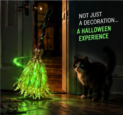 Cat watching the glowing witch broomstick - not just a decoration, a Halloween experience