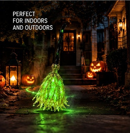 Glowing witch broomstick on a front porch - perfect for indoors and outdoors
