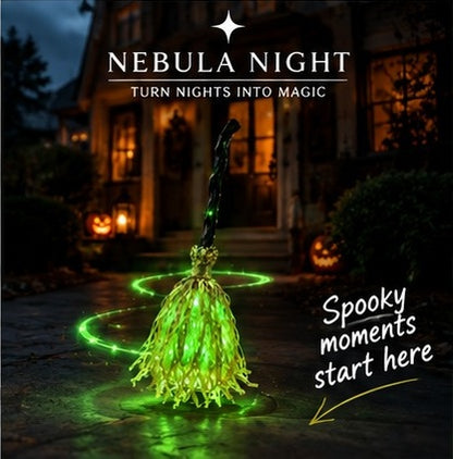 Glowing witch broomstick outside a house at night - spooky moments start here