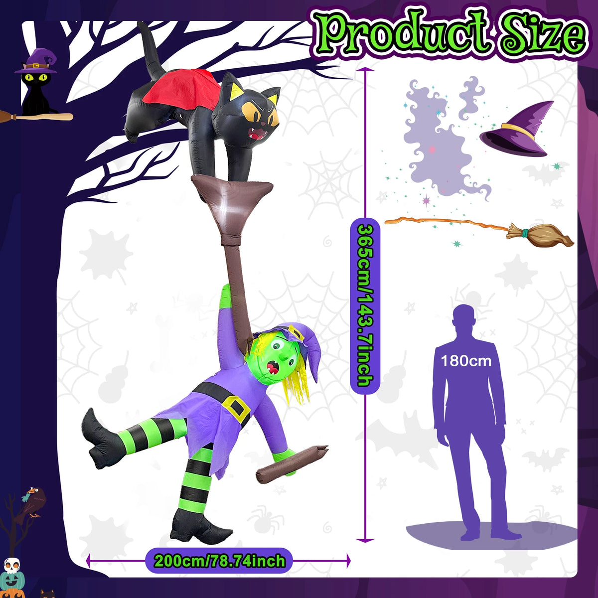 Ourwarm 12FT Halloween Inflatable Cat-Pulled Witch Broom Decorations Suitable for Rooftops Dining Rooms Outdoor