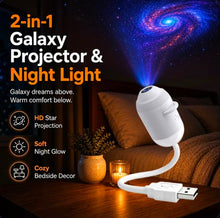 2-in-1 galaxy projector and night light on a bedside table