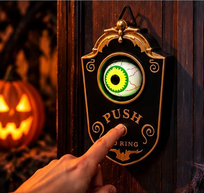 A hand pressing the Push to ring button on the Eyeball Doorbell