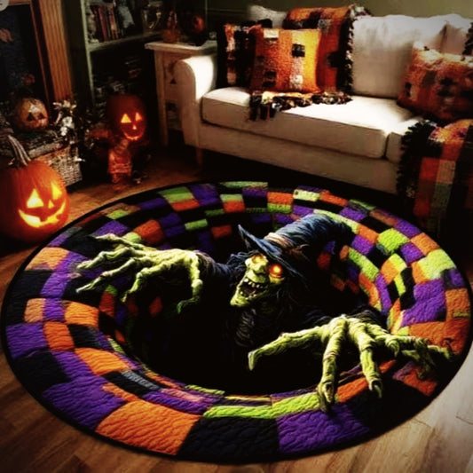 Skull Vortex Round Rug in a living room lit by a jack-o-lantern
