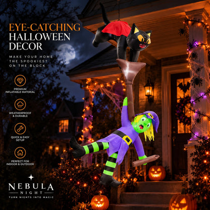 12 ft Cat-Pulled Witch Inflatable lit up on a house at night