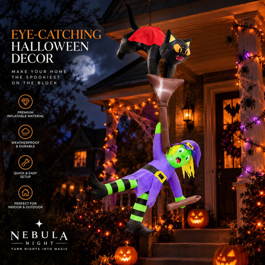 12 ft Cat-Pulled Witch Inflatable lit up on a house at night