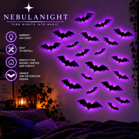 3D Bat Wall Lights glowing purple across a bedroom wall