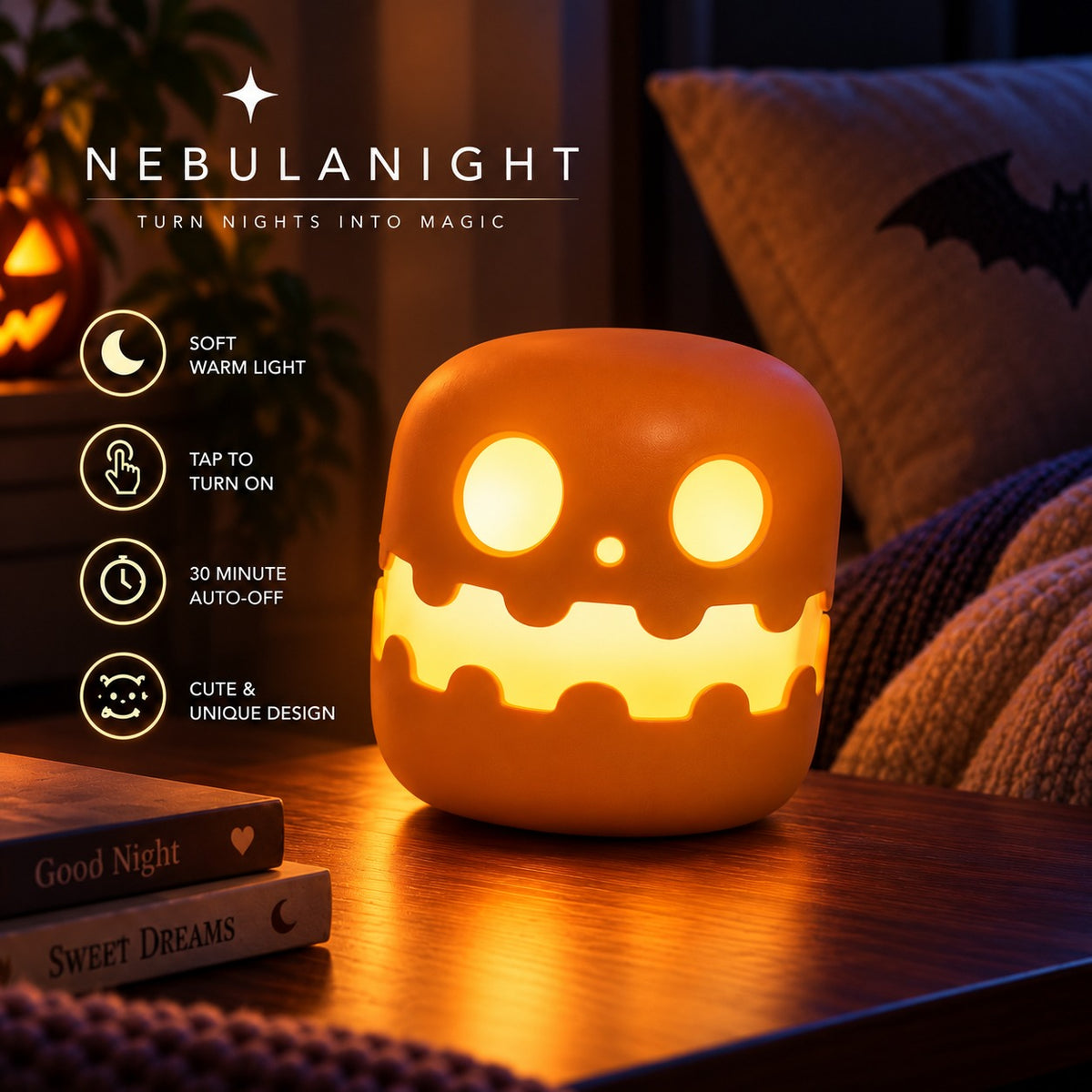 Collapsible Pumpkin Lamp glowing warm on a bedside table