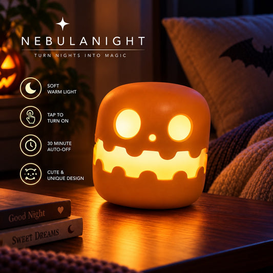 Collapsible Pumpkin Lamp glowing warm on a bedside table