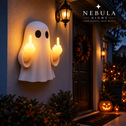 Ghost Figurine Lamp lit on a wall beside a front door
