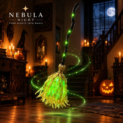 Glowing Witch Broomstick lit green in a dark hallway