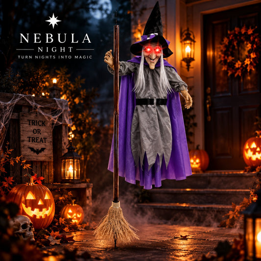 Life-Size Screaming Witch standing on a porch with glowing eyes