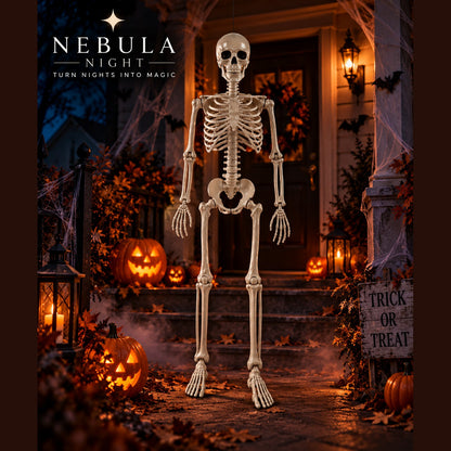 Posable Skeleton Figure hanging on a porch at night