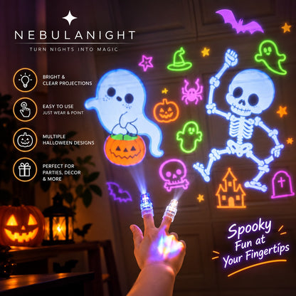 Projector Finger Lights casting Halloween shapes on a wall