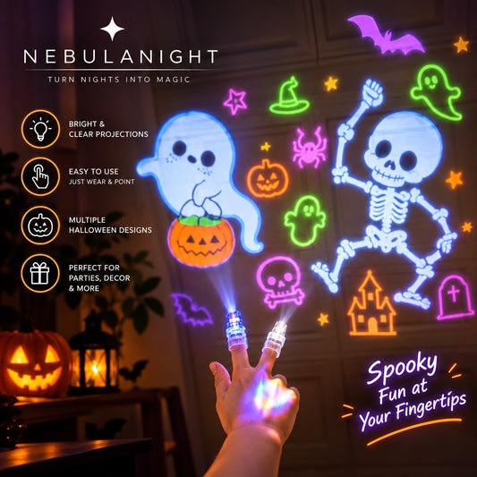 Projector Finger Lights casting Halloween shapes on a wall