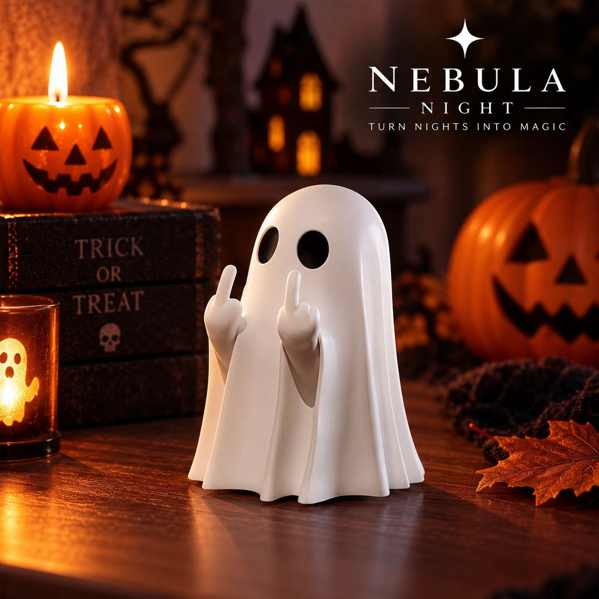 Rude Ghost Statue beside candles and a carved pumpkin