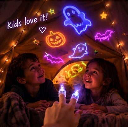 Two kids in a blanket fort playing with projector finger lights - kids love it