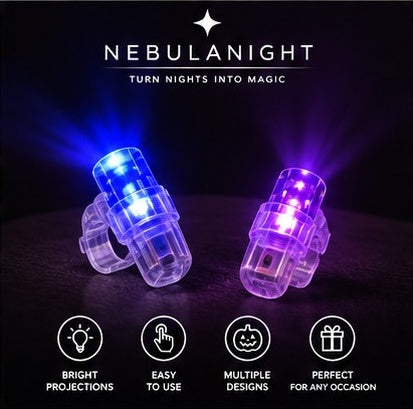 Two projector finger lights glowing blue and purple, with feature icons