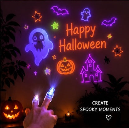 Happy Halloween projected on a wall with ghost, pumpkin and castle shapes