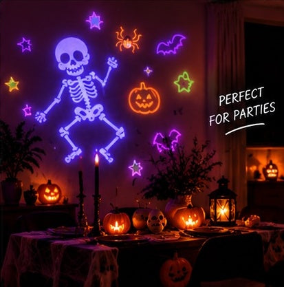 Dancing skeleton projected above a Halloween party table - perfect for parties