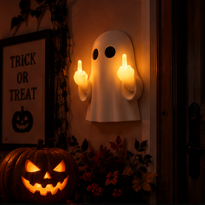 Rude Ghost lamp on a wall next to a Trick or Treat sign and a jack-o-lantern