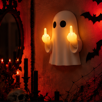 Rude Ghost lamp in a red-lit Halloween hallway with bats and candles