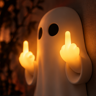 Rude Ghost lamp close-up with glowing fingers