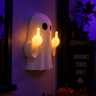 Rude Ghost lamp glowing beside a Spooky Vibes Only sign