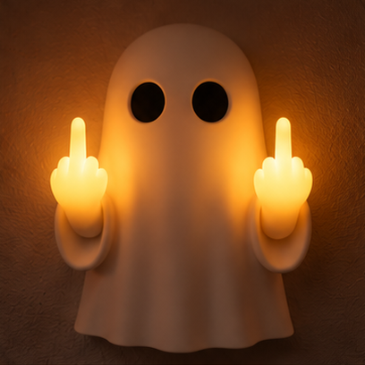 Rude Ghost lamp lit on a wall, front view