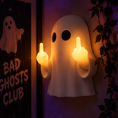 Rude Ghost lamp on a wall next to a Bad Ghosts Club poster