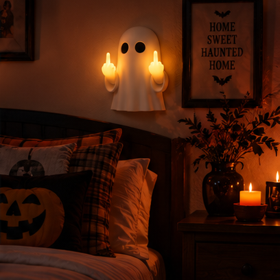 Rude Ghost lamp above a bed in a Halloween-decorated bedroom