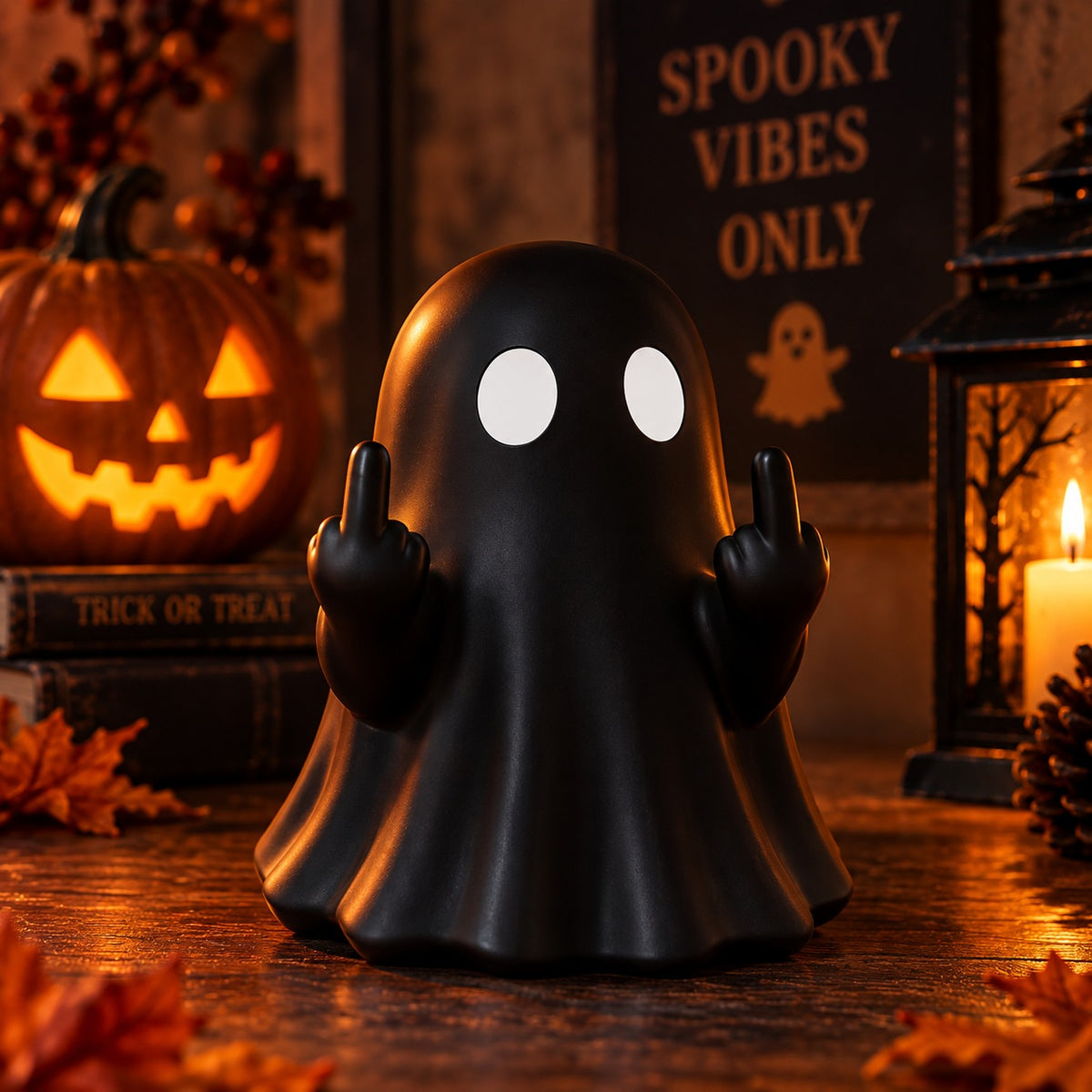 Rude Ghost Statue in black beside a jack-o-lantern and a Spooky Vibes Only sign