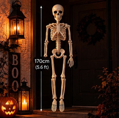 170 cm posable skeleton standing by a front door with a BOO sign