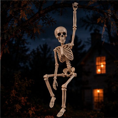 Posable skeleton hanging from a tree at night